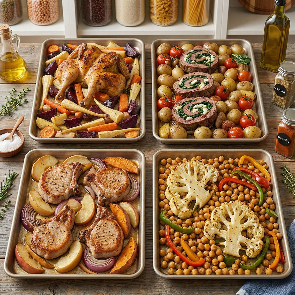 40 Sheet Pan Dinners for Pantry Challenge Weeks- Master the art of the "one-pan plan" with flexible sheet pan recipes perfect for busy weeknights! Low prep and zero cleanup- use what you already have in your pantry and freezer to whip up healthy, roasted meals. The ultimate guide to stress-free cooking when you can't make it to the store. | #OnePanMeal #EasyDinner #PantryRecipes #SheetPanRecipes #ACultivatedNest