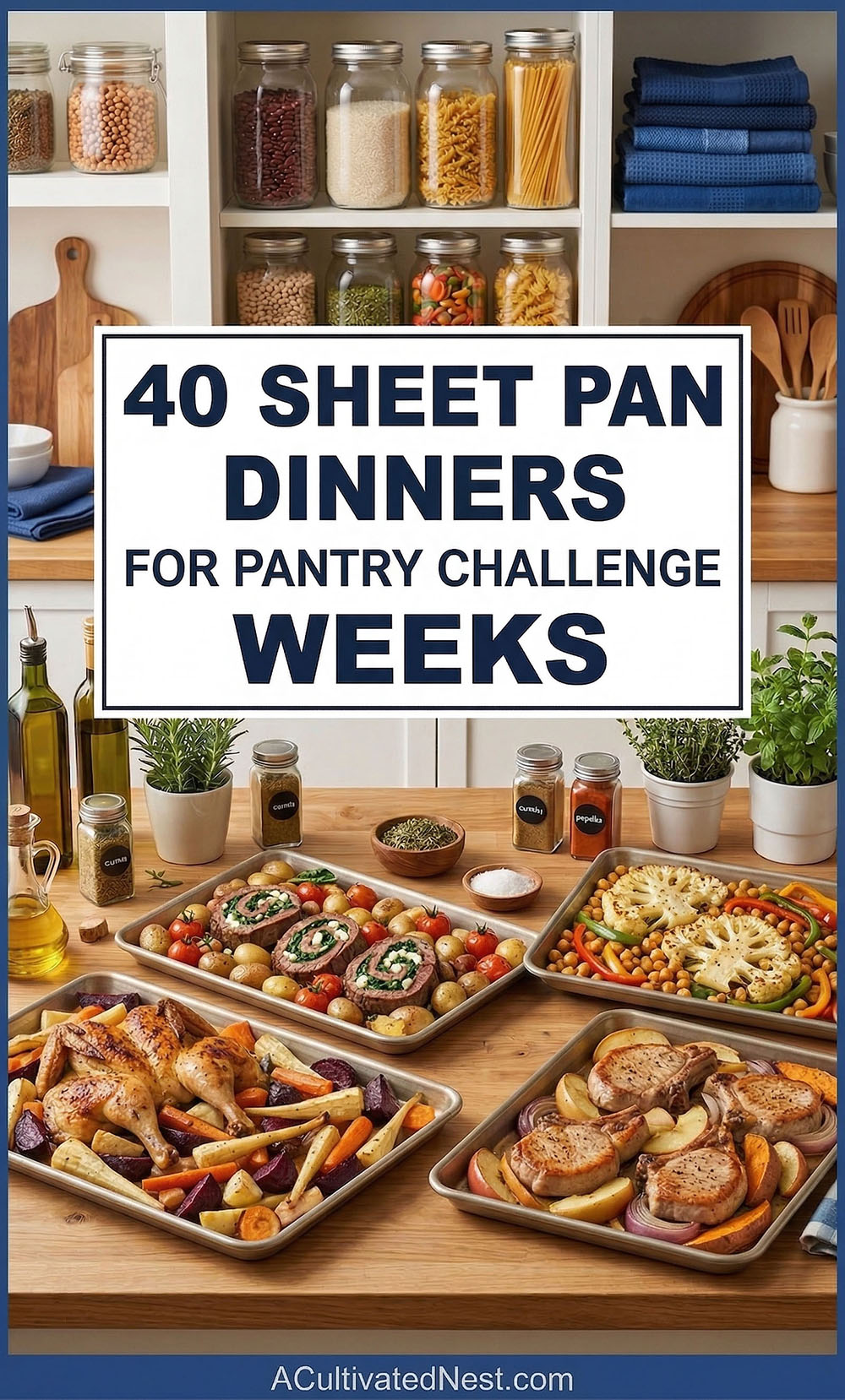 40 Sheet Pan Dinners for Pantry Challenge Weeks- Stop stressing about "nothing to eat" and start a pantry challenge! These sheet pan dinner ideas are designed to help you clear out your cabinets, use up frozen veggies, and save money on groceries. Simple, one-pan meals that turn random ingredients into delicious family dinners.| #PantryChallenge #BudgetMeals #SheetPanDinners #CheapRecipes #ACultivatedNest