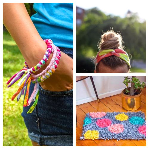 16 Clever Upcycled Summer Clothing Crafts- Don't throw away those old clothes! Give your closet castoffs a gorgeous second life this summer with these clever upcycling crafts. From trendy t-shirt bracelets and necklaces to beautiful braided headbands, these easy DIY tutorials turn old threads into stunning new accessories. | #UpcycledClothing #DIYFashion #TrashToTreasure #CraftsForSummer #ACultivatedNest