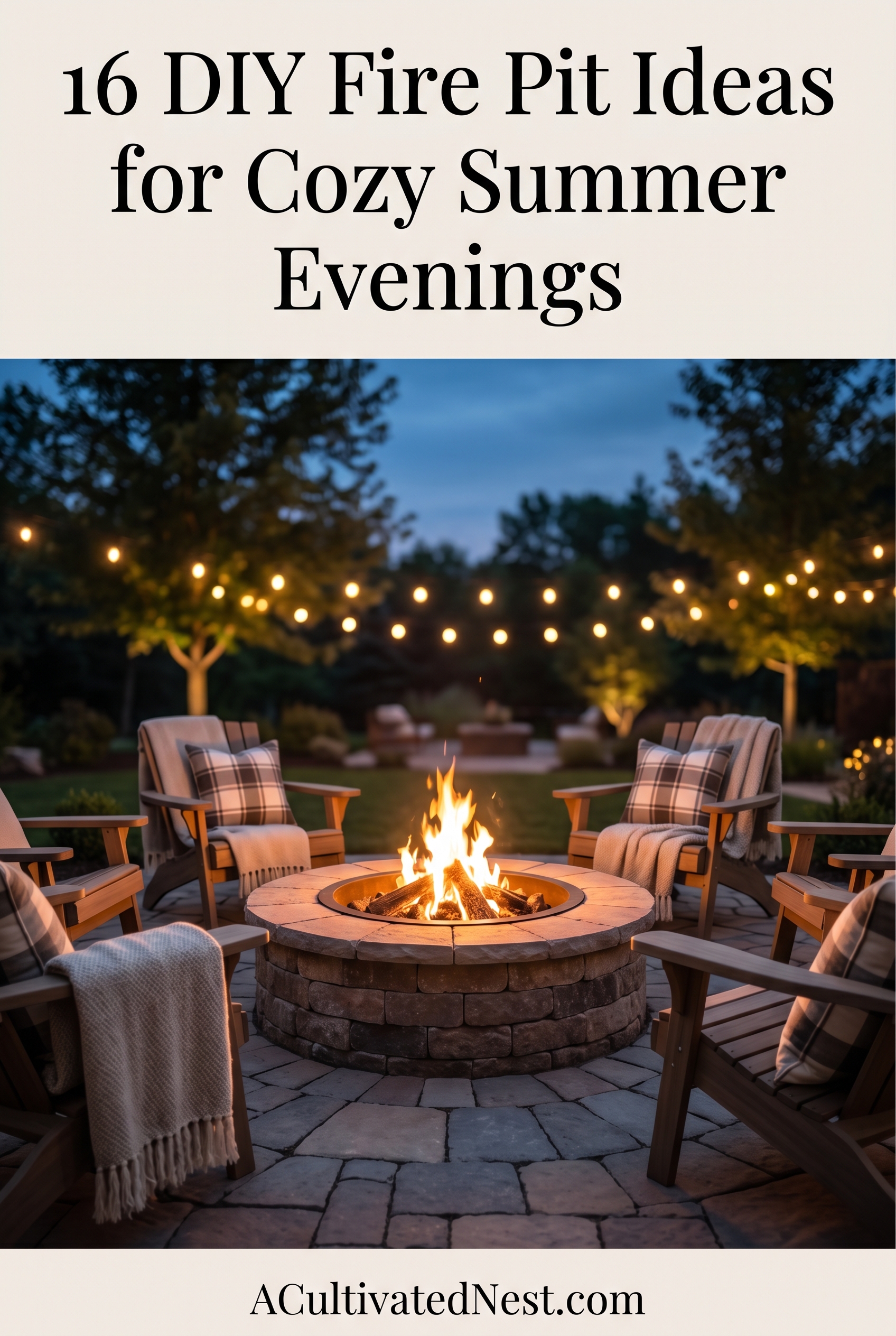 16 DIY Fire Pit Ideas for Cozy Summer Evenings- There's nothing quite like gathering with family and friends around a glowing fire pit on a warm summer evening! Ready to upgrade your backyard setup? Discover beautiful and cozy DIY fire pit ideas that will instantly transform your outdoor living space into the ultimate hangout spot. From simple stone rings to custom seating areas complete with string lights, these step-by-step tutorials will help you create a warm, inviting oasis for endless summer memory-making. | #FirePitIdeas #DIYFirePit #BackyardDesign #BackyardMakeover #ACultivatedNest