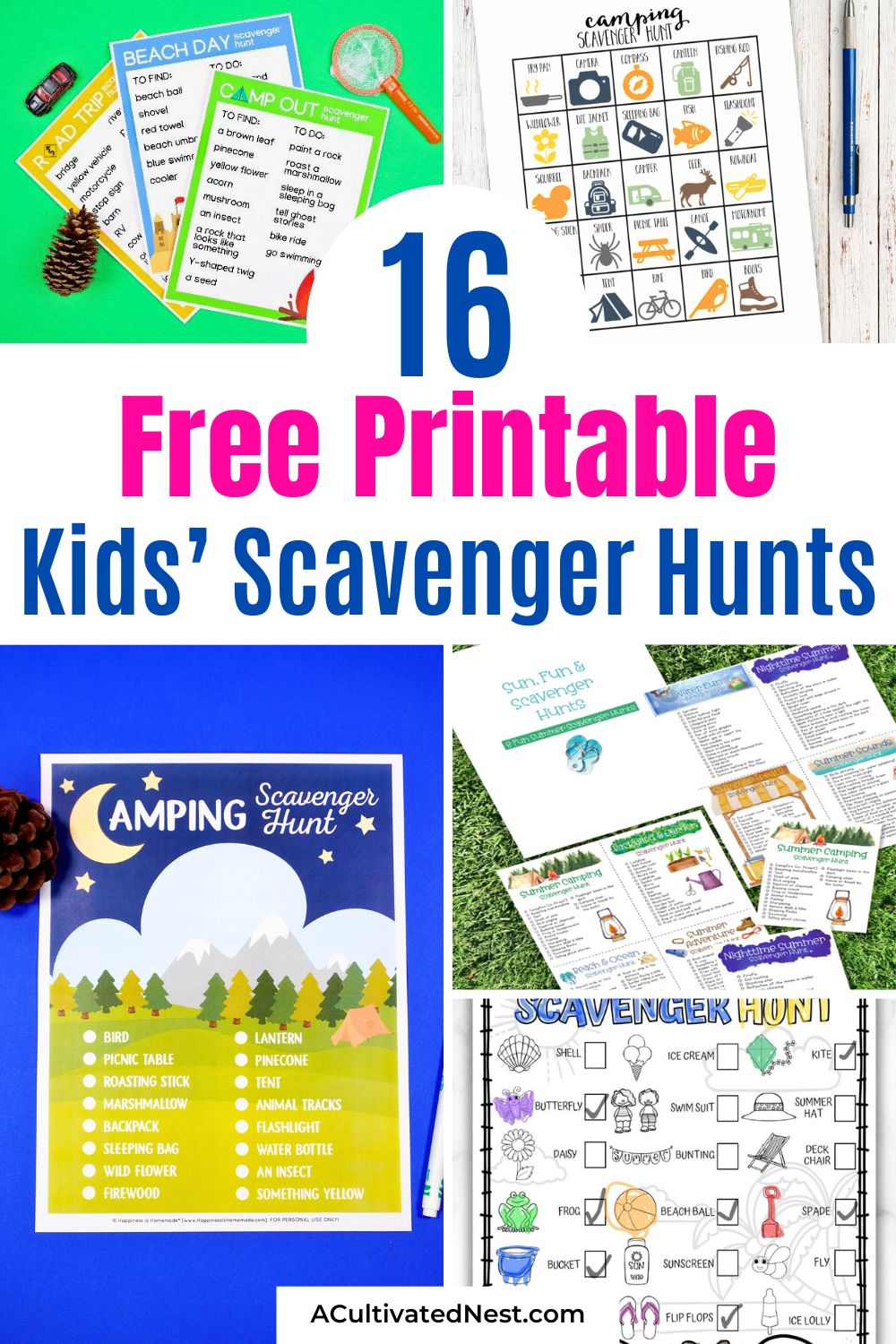  16 Free Printable Scavenger Hunts for Kids- Get the kids outside and exploring! Discover free printable scavenger hunts perfect for your next park visit, neighborhood walk, or camping trip. A great way to encourage observation skills and outdoor play without the stress of planning. | #OutdoorKids #FreePrintables #FamilyFun #BackyardActivities #ACultivatedNest