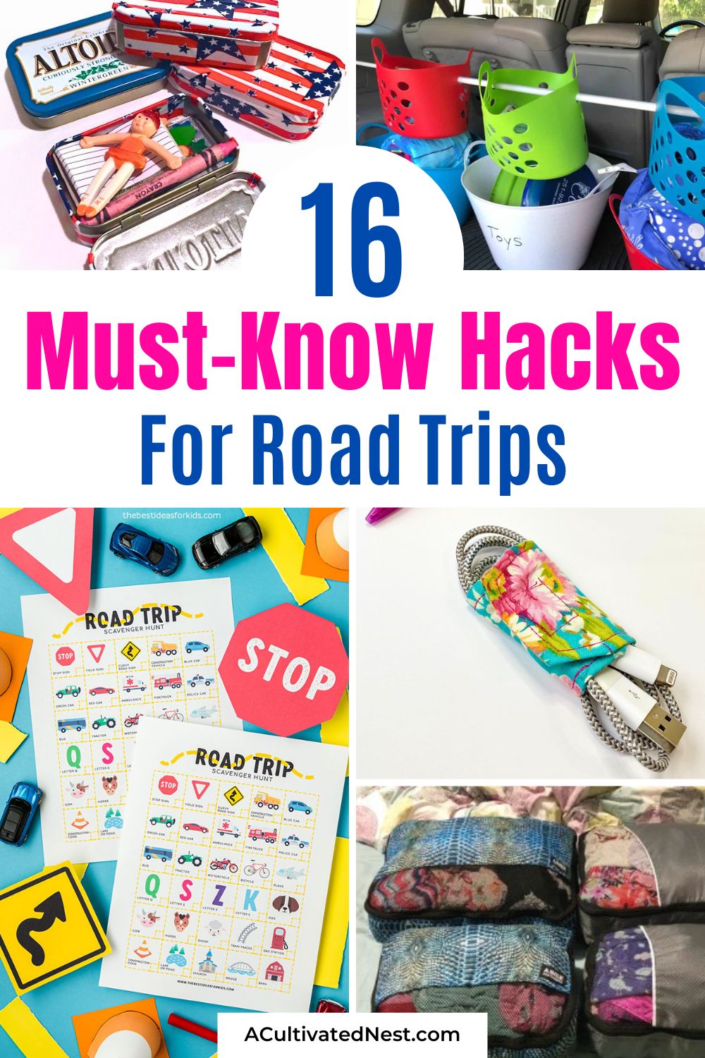 16 Must-Know Road Trip Hacks- Keep your vehicle clutter-free and perfectly organized on your next long drive! Discover brilliant road trip packing and organization hacks that make the journey just as enjoyable as the destination. Learn how to manage cords, maximize trunk space, and pack smart for beach trips or cross-country adventures. Click through for the ultimate travel checklist! | #CarHacks #TravelOrganization #RoadTripReady #VacationPrep #ACultivatedNest