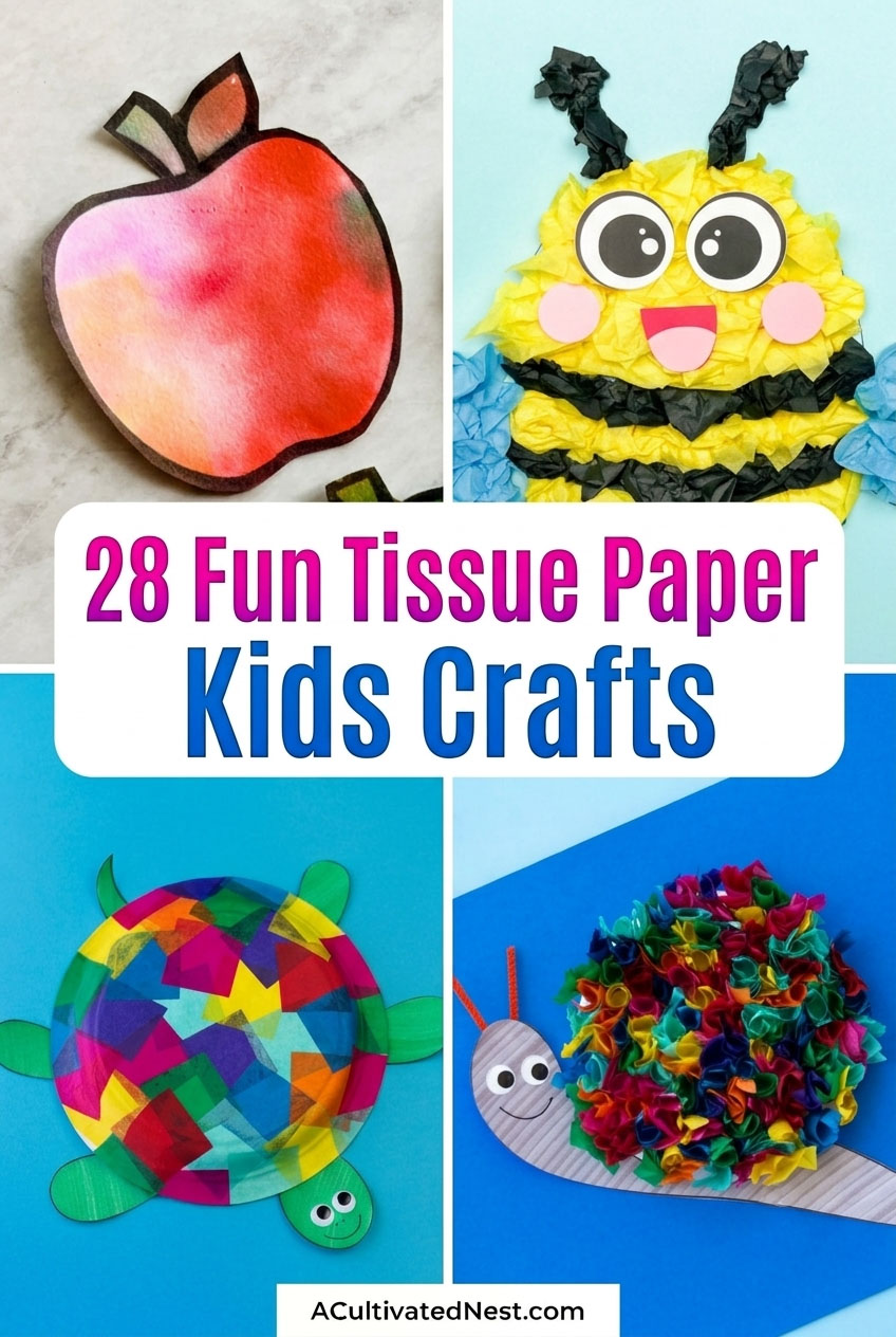 28 Fun and Creative Tissue Paper Kids Crafts- Boost your child's creativity and fine motor skills with these vibrant, textured tissue paper crafts! From cheerful honey bees to magical unicorns, these simple art projects are an amazing way for toddlers and preschoolers to practice scrunching, sticking, and color recognition. Perfect for a cozy weekend at home or a classroom art session! | #CraftsForKids #PreschoolCrafts #ToddlerActivities #KidFriendlyDIY #ACultivatedNest 28 Fun and Creative Tissue Paper Kids Crafts- Boost your child's creativity and fine motor skills with these vibrant, textured tissue paper crafts! From cheerful honey bees to magical unicorns, these simple art projects are an amazing way for toddlers and preschoolers to practice scrunching, sticking, and color recognition. Perfect for a cozy weekend at home or a classroom art session! | #CraftsForKids #PreschoolCrafts #ToddlerActivities #KidFriendlyDIY #ACultivatedNest