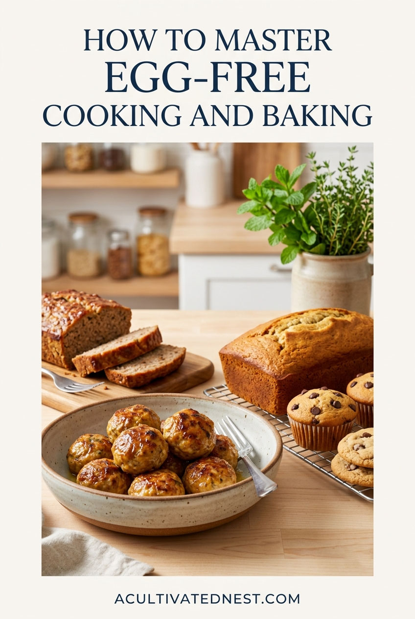 How (and Why) to Master Egg-Free Cooking and Baking- Skipping the shells doesn't mean skipping your favorite meals! If you're out of eggs, trying to save money on groceries, or cooking for an egg allergy, mastering a few clever pantry swaps will change your kitchen game forever. Click through to grab these simple, foolproof eggless tips and swap recipes! | #EgglessBaking #KitchenHacks #BakingSubstitutes #AllergyFriendlyRecipes #ACultivatedNest
