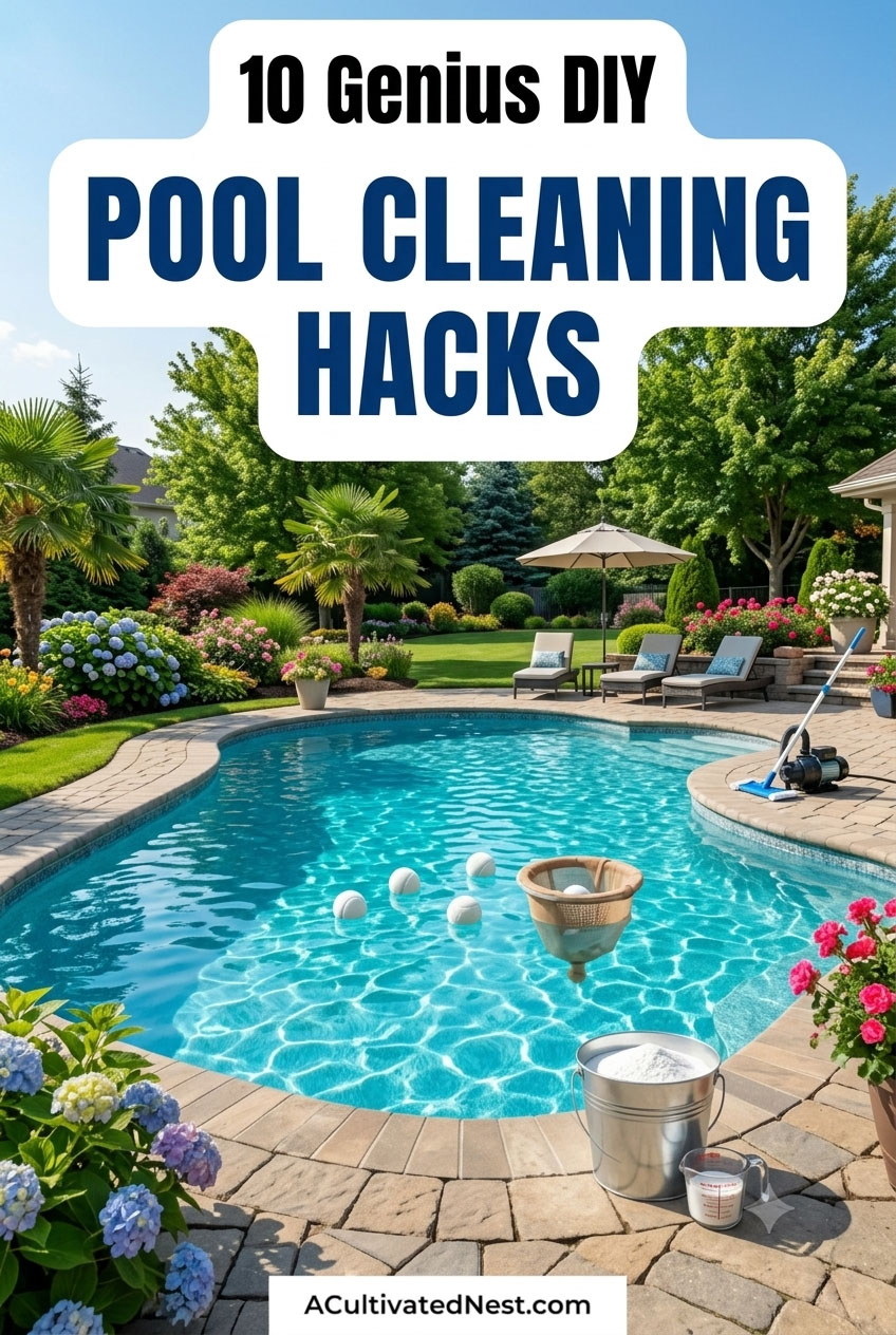 10 Genius DIY Pool Cleaning & Maintenance Hacks- Want a clean pool all summer long without breaking the bank? Discover creative and effective DIY pool cleaning hacks from around the web. These simple solutions use everyday household items to keep your pool water crystal clear and ready for swimming! | #diypoolcare #poolmaintenance #pools #summertips #ACultivatedNest