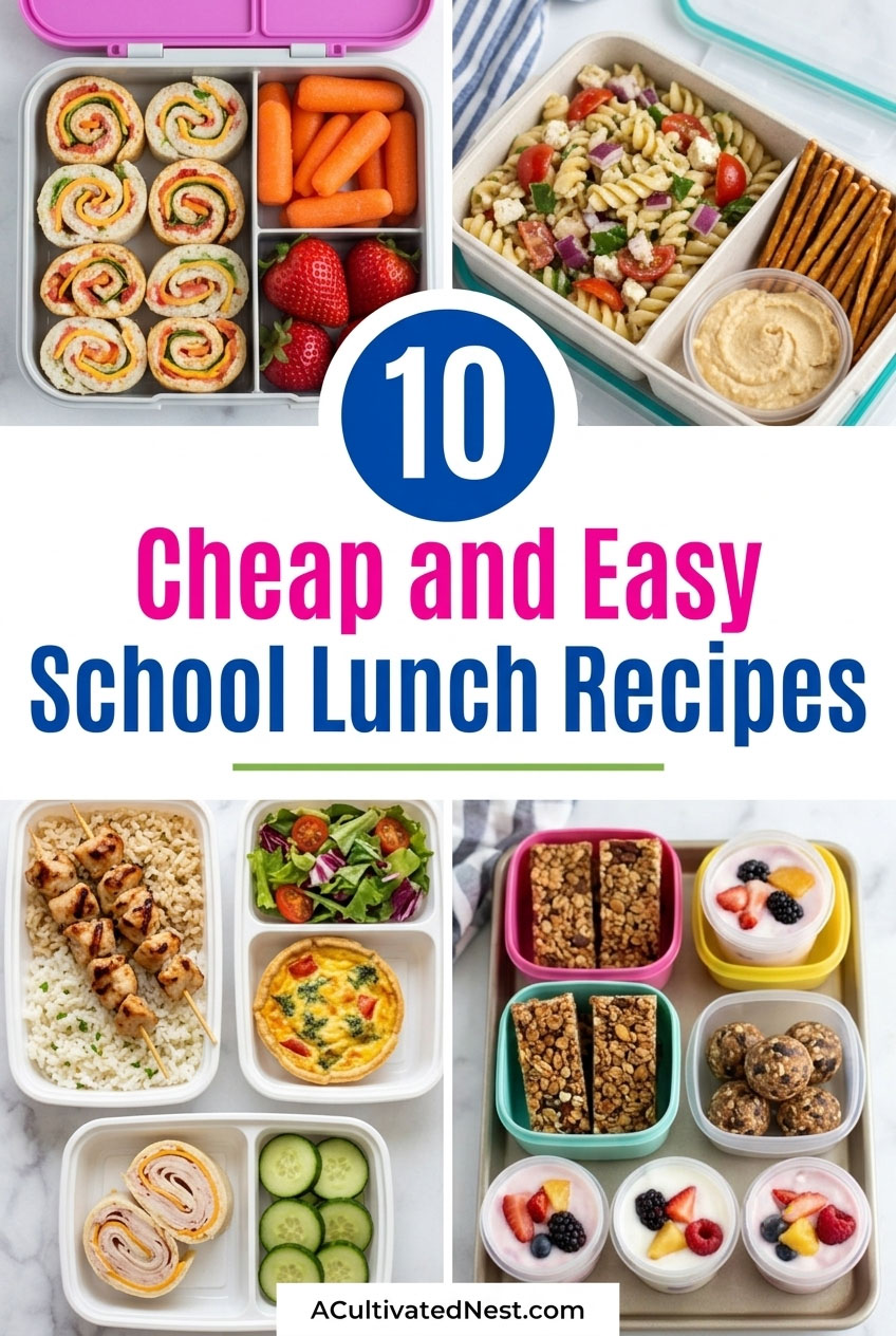 10 Cheap and Easy School Lunch Recipes- Say goodbye to school lunch burnout and chaotic mornings! These simple, kid-approved school lunch and snack recipes are perfect for stress-free back-to-school meal prep. Featuring batch-cooking favorites, easy air fryer ideas, and clever cold lunchbox alternatives to standard sandwiches. Perfect for toddlers, elementary kids, and teens alike!| #SchoolLunchRecipes #LunchboxInspiration #BentoBoxKids #BackToSchoolPrep #ACultivatedNest 10 Cheap and Easy School Lunch Recipes- Say goodbye to school lunch burnout and chaotic mornings! These simple, kid-approved school lunch and snack recipes are perfect for stress-free back-to-school meal prep. Featuring batch-cooking favorites, easy air fryer ideas, and clever cold lunchbox alternatives to standard sandwiches. Perfect for toddlers, elementary kids, and teens alike!| #SchoolLunchRecipes #LunchboxInspiration #BentoBoxKids #BackToSchoolPrep #ACultivatedNest