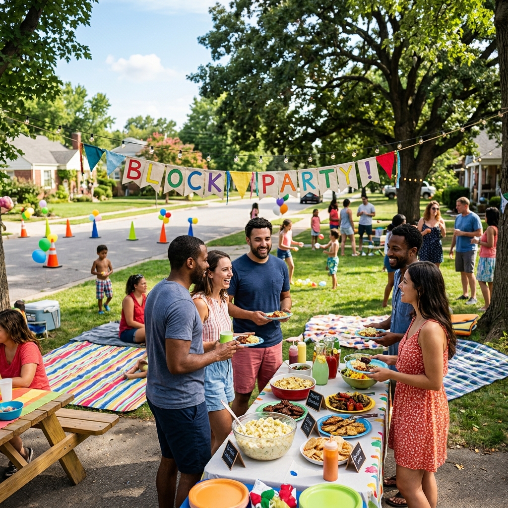 16 Ways to Host a Backyard Block Party on a Budget- Host an unforgettable neighborhood gathering without breaking the bank! Check out these budget-friendly block party ideas featuring crowd-pleasing potluck recipes, easy DIY decorations, fun yard games, and free printables to bring everyone together. | #BlockParty #PartyPlanning #BudgetPartyIdeas #SummerEntertaining #ACultivatedNest