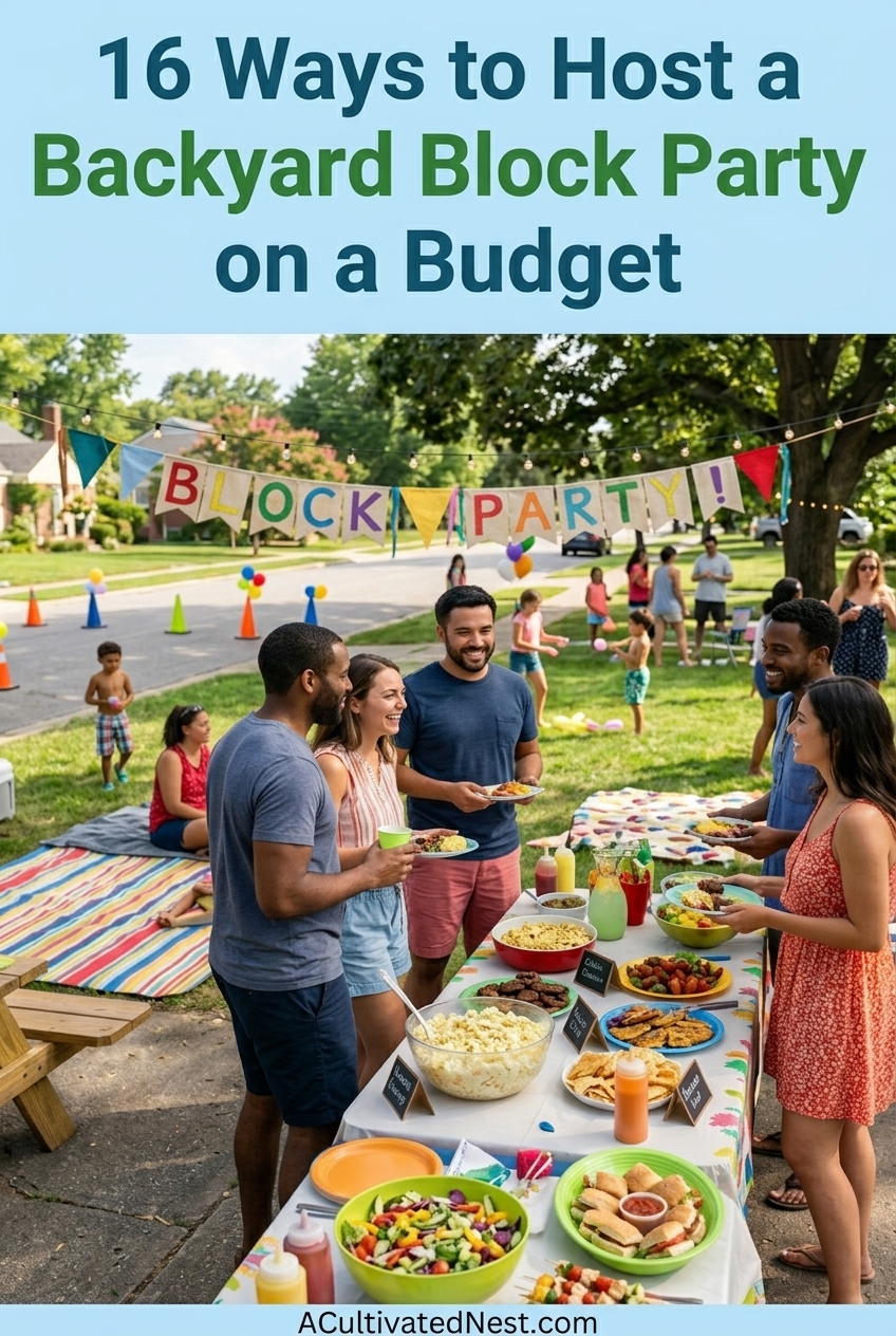 16 Ways to Host a Backyard Block Party on a Budget- Planning a block party? Keep costs low and fun high with these smart, affordable host tips! From collaborative gear checklists to low-cost food ideas, these tips will help you plan a stress-free community celebration. | #PartyPlanning #SummerParty #OutdoorEntertaining #CommunityEvent #ACultivatedNest