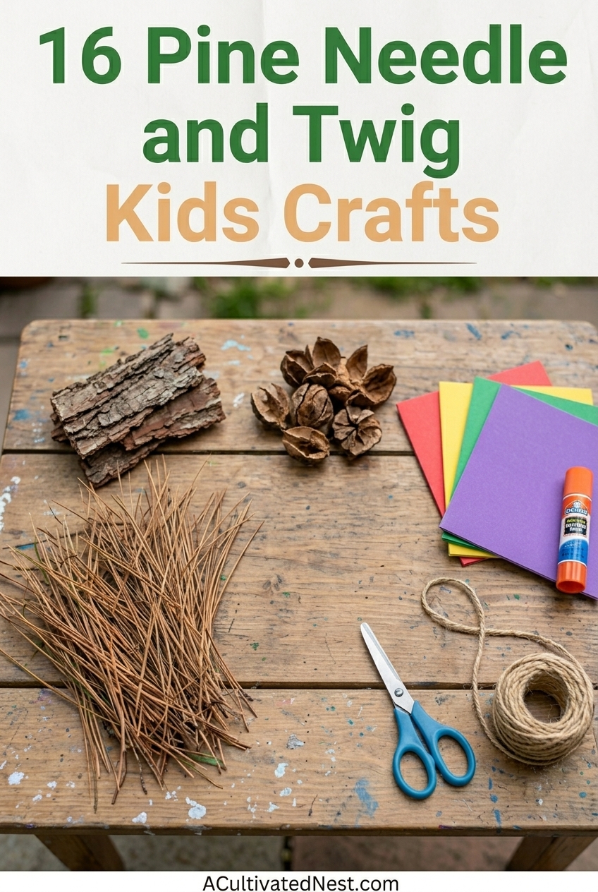 16 Pine Needle and Twig Kids Crafts- Get kids creating with nature! From cute animal figures to simple ornaments, these pine needle and twig kids' crafts use free materials found right outside your front door. Simple, fun, and perfect for all ages. | #EasyKidsCrafts #HomeschoolActivities #CraftsOnABudget #DIYKidsCrafts #ACultivatedNest