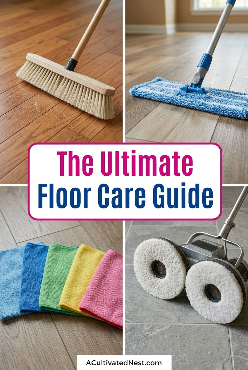 The Ultimate Floor Care Guide- Stop making these common floor-cleaning mistakes! Learn the safe, effective ways to sweep, vacuum, and mop hardwood, laminate, tile, and vinyl floors. Get expert tips on choosing the best microfibers, preserving protective finishes, and keeping every room in your home shining naturally! | #FloorCare #CleaningTips #LaminateCare #TileCleaning #ACultivatedNest