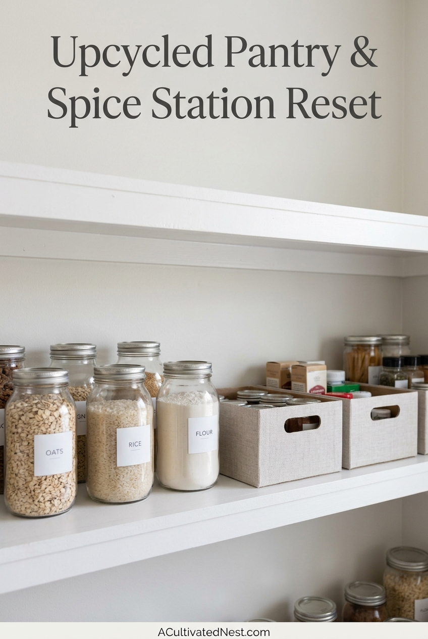 Upcycled Pantry and Spice Station Ideas- Skip the expensive acrylic bins! Upgrade your pantry and spice collection using upcycled glass jars and DIY drawer dividers. Easy, low-waste kitchen organization tips for fall meal prep. | #upcycled #frugalOrganization #organize #organizingTips #ACultivatedNest