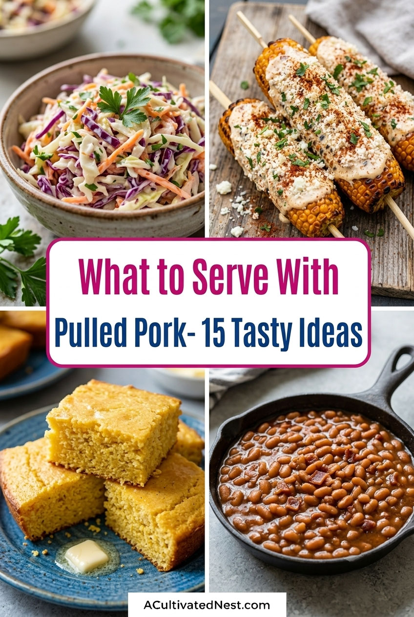 What to Serve With Pulled Pork: 15 Tasty Ideas- Take your BBQ feast to the next level! Whether you're making slow-cooked pulled pork or hosting a summer cookout, these side dishes are guaranteed hits. Discover mouthwatering options like baked mac and cheese, loaded sweet potatoes, crisp pickled veggies, and moist cornbread! | #PulledPork #BBQMenu #EasySideDishes #SummerCookout #ACultivatedNest What to Serve With Pulled Pork: 15 Tasty Ideas- Take your BBQ feast to the next level! Whether you're making slow-cooked pulled pork or hosting a summer cookout, these side dishes are guaranteed hits. Discover mouthwatering options like baked mac and cheese, loaded sweet potatoes, crisp pickled veggies, and moist cornbread! | #PulledPork #BBQMenu #EasySideDishes #SummerCookout #ACultivatedNest