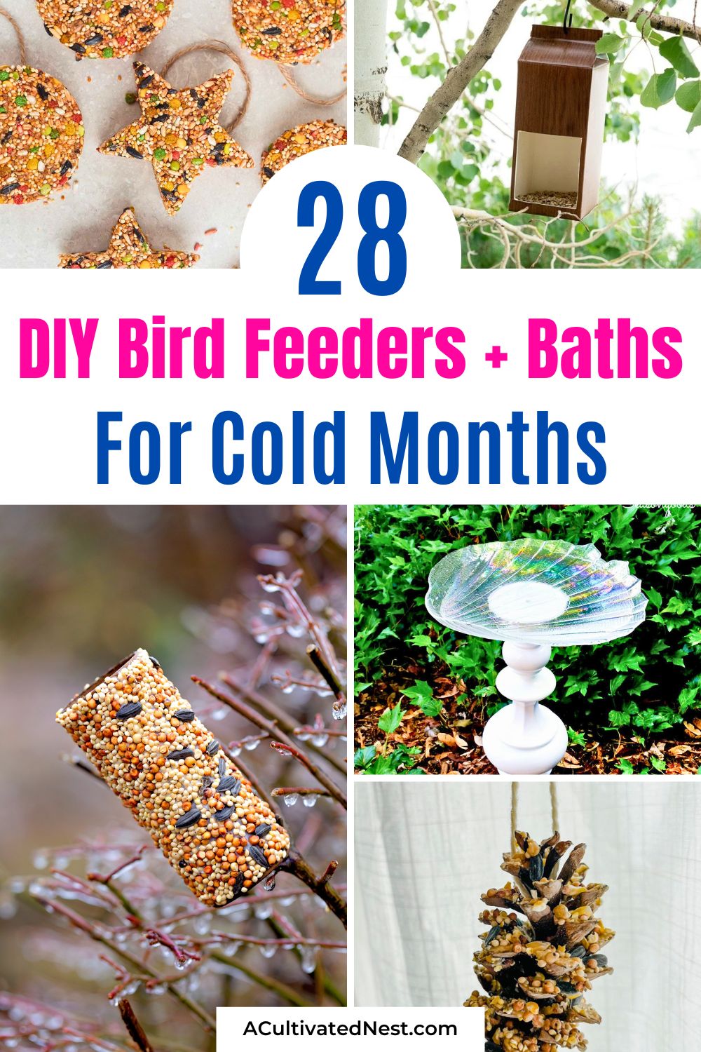 28 DIY Bird Feeders & Baths to Help Wildlife During Cold Months- Looking for a fun, wildlife-friendly fall project? Check out these DIY bird feeders and baths designed to help birds stay fed and hydrated through the colder months. Simple, budget-friendly crafts that kids and adults will love making! Save this pin and tap the link to get crafting today. | #BirdFeederDIY #WinterGarden #KidCrafts #OutdoorDIY #ACultivatedNest