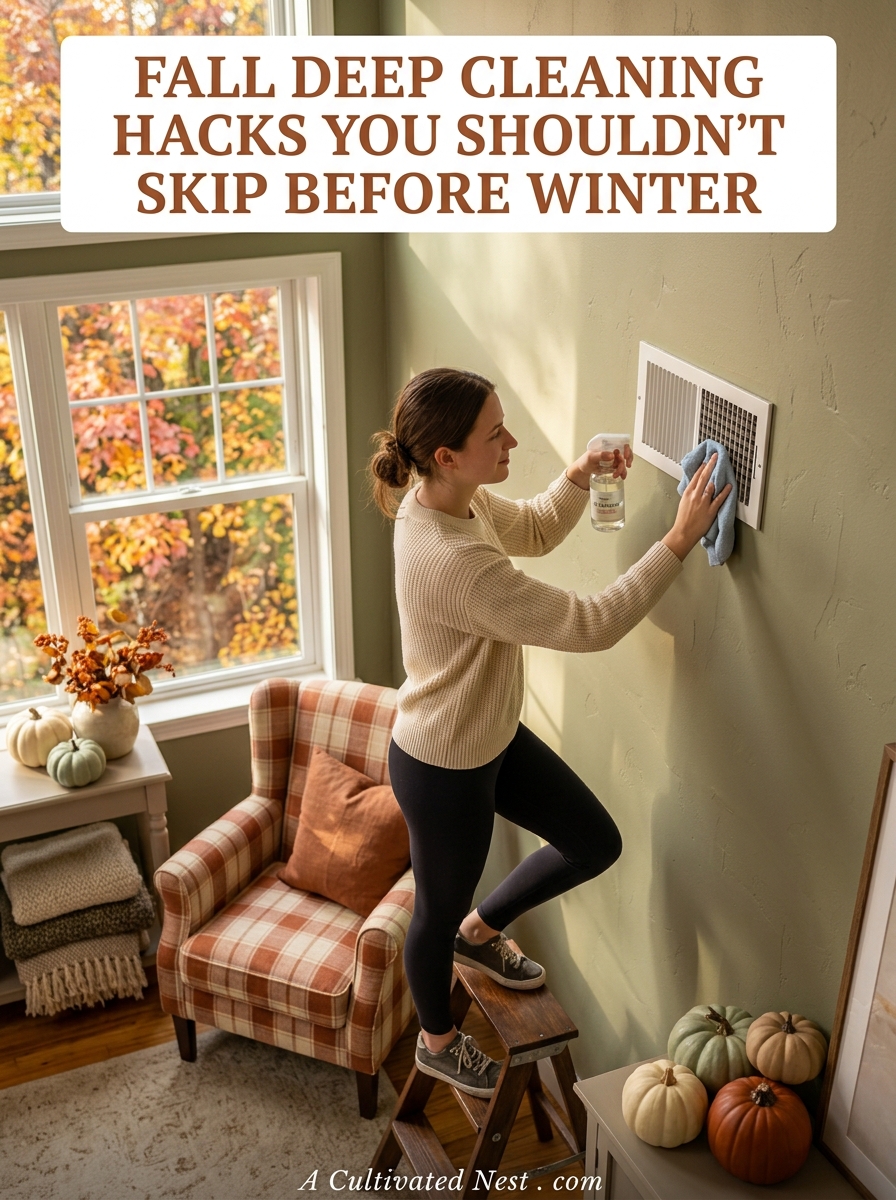 Fall Deep Cleaning Hacks You Shouldn't Skip Before Winter- Before you bundle up for winter, tackle these essential autumn cleaning chores that make a huge difference! Learn clever tricks for prepping your heating vents, refreshing mattresses, and cleaning kitchen appliances so your space stays fresh all season long. | #CleaningTips #FallHomePrep #HouseCleaning #CleaningHacks #ACultivatedNest