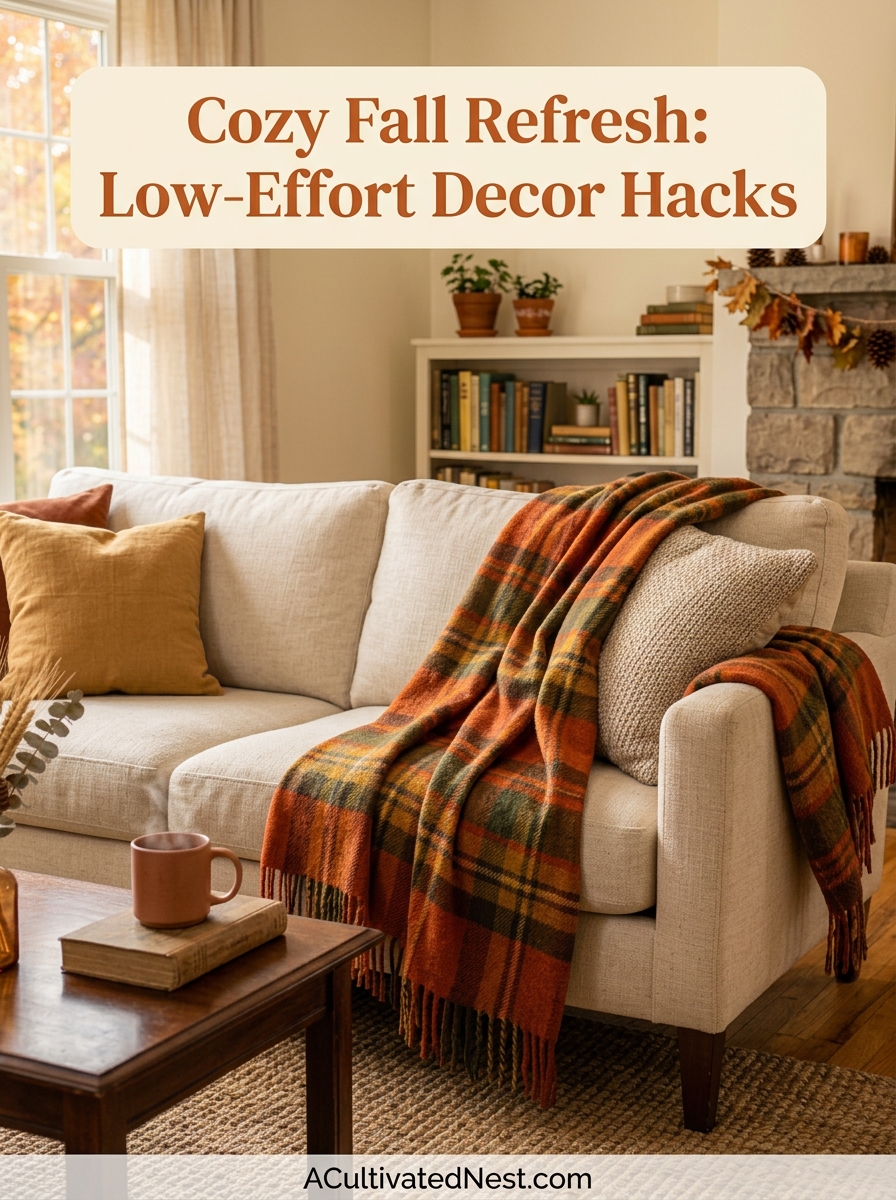 Quick & Cozy Seasonal Refresh: Low-Effort Decor Hacks for Fall- Ready to make your home feel like a warm, cozy autumn sanctuary? Skip the heavy seasonal clutter and try these simple, high-impact decor swaps. From layering plush textiles to styling natural greenery, these budget-friendly tips will instantly elevate your space. Tap to read the article! | #FallHomeDecor #CozyVibes #DecorHacks #LivingRoomDecor #ACultivatedNest