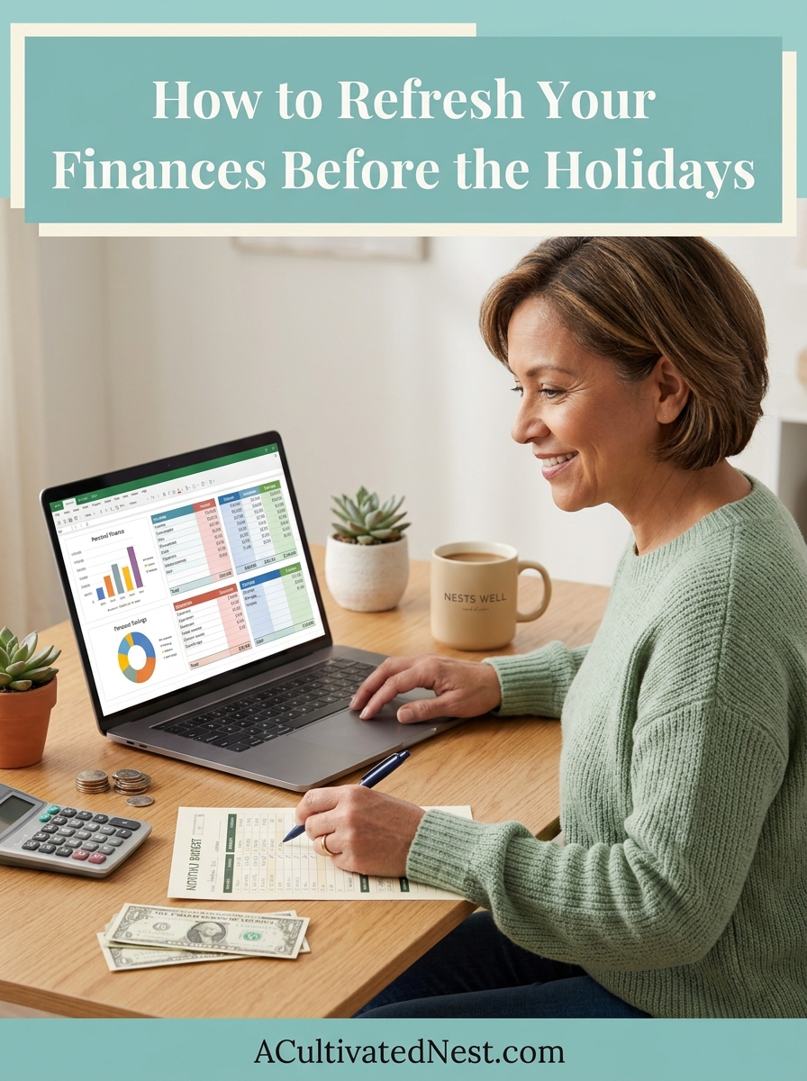How to Refresh Your Finances Before the Holidays- Give your bank account a fresh start with these quick and practical finance reset steps! Perfect for reviewing seasonal expenses, refreshing your savings plan, and organizing your family budget without feeling overwhelmed. Tap to start your money checkup today! | #PersonalFinance #BudgetingForBeginners #SaveMoney #BudgetHacks #ACultivatedNest