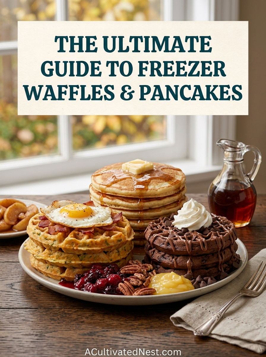 The Ultimate Guide to Batch Freezer Waffles & Pancakes- Say goodbye to boring breakfasts! Master one simple batter base, then customize it for the whole family with options like high-protein, lemon ricotta, "swicy" hot honey, or double chocolate chip. Complete with the ultimate warming topping guide and foolproof freezing tips. Save this pin for your next weekend meal prep session! | #BatchCooking #FreezerFriendly #EasyBreakfast #BudgetCooking #ACultivatedNest