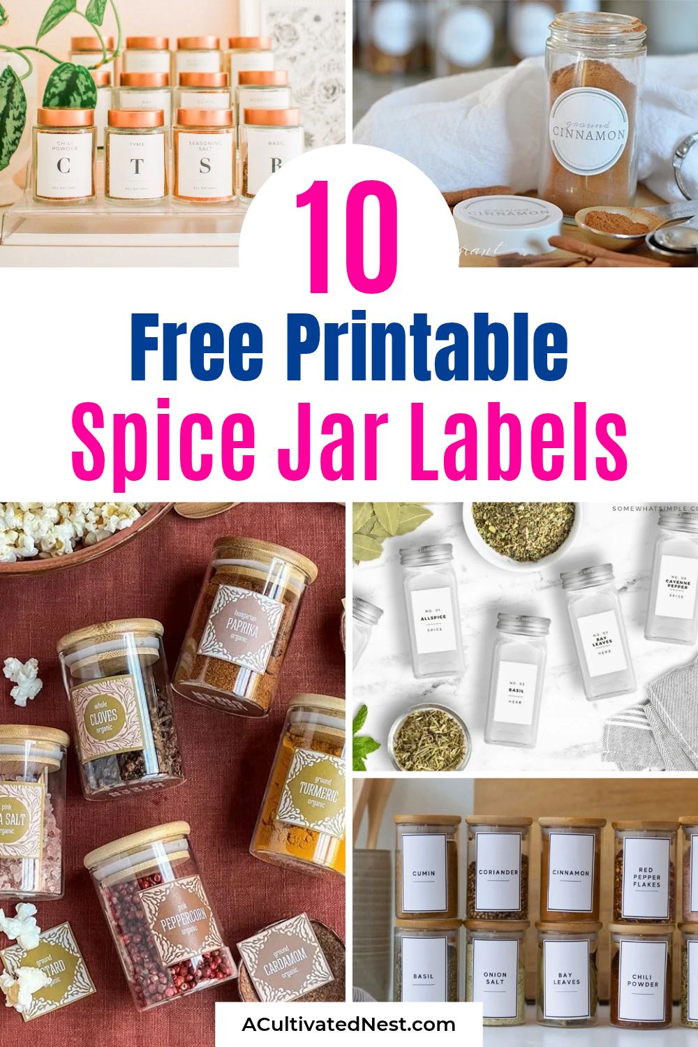 10 Free Printable Spice Jar Labels- Transform your spice cabinet with these gorgeous FREE printable spice jar labels! Discover incredibly easy DIY ideas that will make cooking and baking so much more enjoyable. Click to find your favorite label style, from minimalist modern and rustic farmhouse to custom editable templates. Time to get organized! | #kitchenorganization #spicerackorganization #freespicelabels #freeprintables #ACultivatedNest
